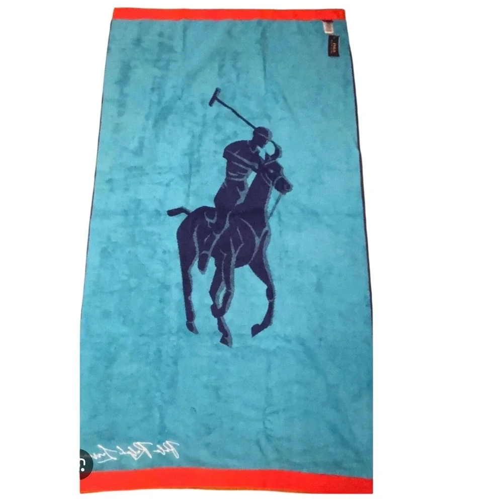 Polo Ralph Lauren Big Pony Navy Blue Turquoise Orange Cotton Velour Beach Towel